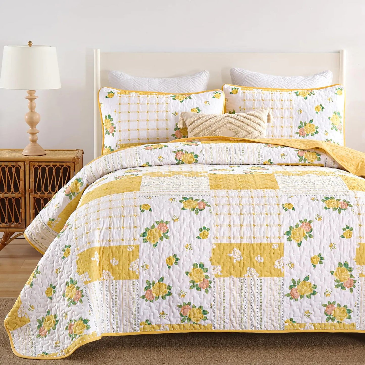 Yellow Floral Patchwork Quilt Set Reversible Queen - Kia Day Design