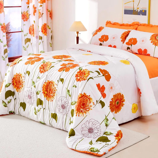Reversible King Comforter Set 7 Piece Orange Sunflower Floral Bedding Set - Kia Day Design