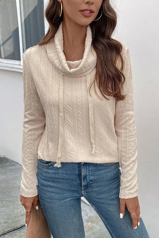 Perfee Tied Mock Neck Long Sleeve Knit Top - -
