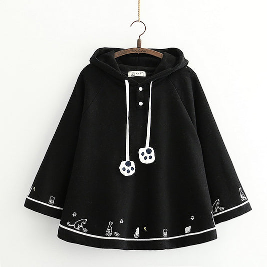 Cute Heart Cat Embroidery Cape Coat for Girls - Black One Size - cape