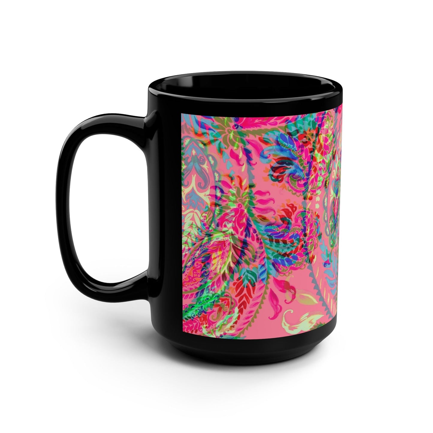 Vibrant Floral Pattern Mug - 15oz Black Coffee Cup - Kia Day Design