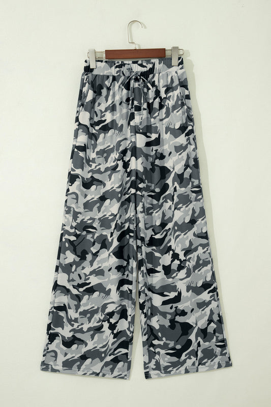Camo Drawstring High Waist Wide Leg Pants - - Bottoms/Pants & Culotte