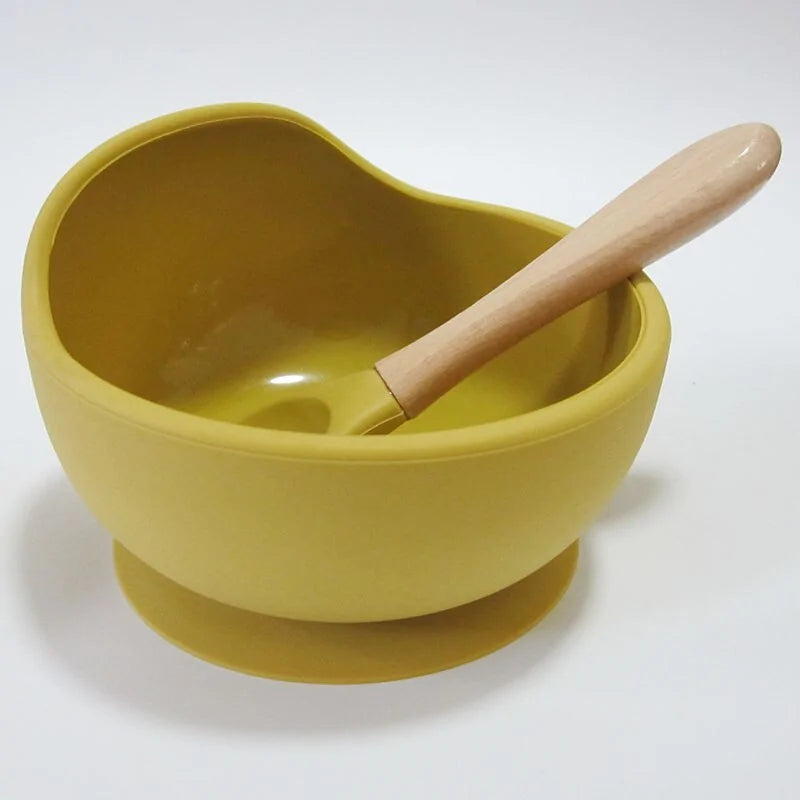 Baby Silicone Feeding Set with Wooden Handle Spoon Yellow
