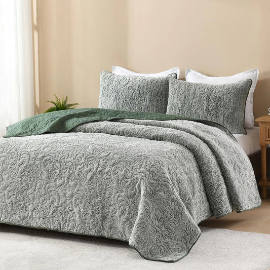 Reversible Green King Size Quilts 3 Piece - Kia Day Design