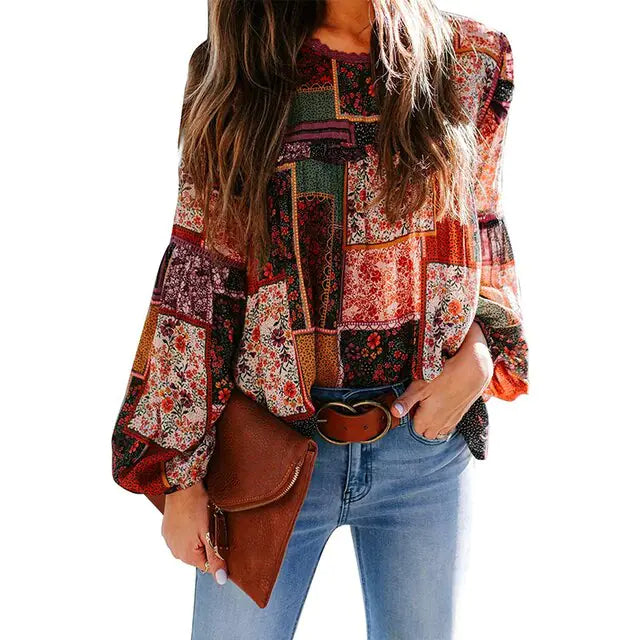 Patchwork Print Loose Long Sleeve Blouse - Kia Day Design