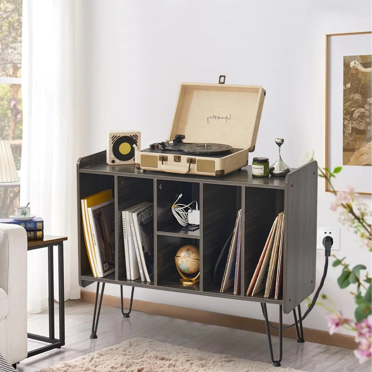 Alessing Grey Record Player Stand with Storage 6 Cabinet Holds Up to 200 Albums - Kia Day Design