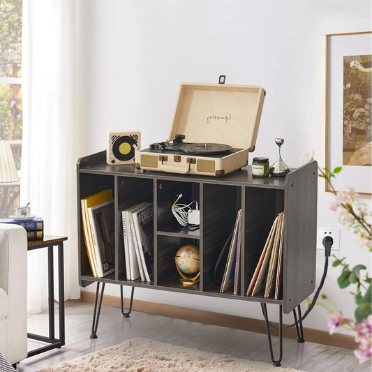 Alessing Grey Record Player Stand with Storage 6 Cabinet Holds Up to 200 Albums - Kia Day Design
