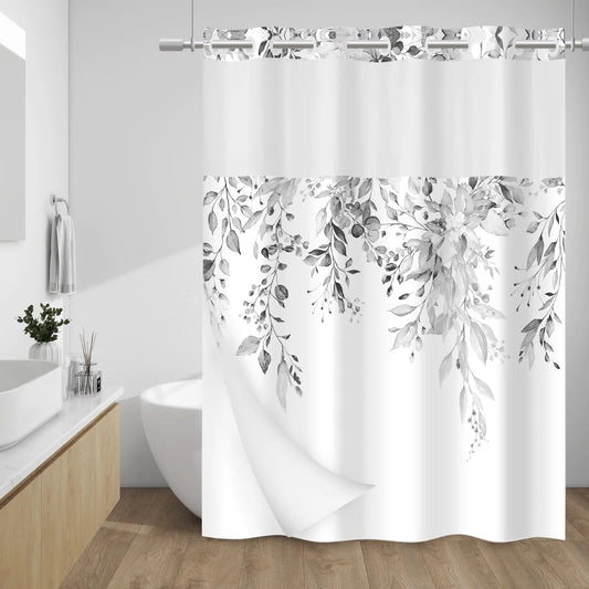 Fabric Eucalyptus No Hook Shower Curtain with Snap in Liner - - shower curtain