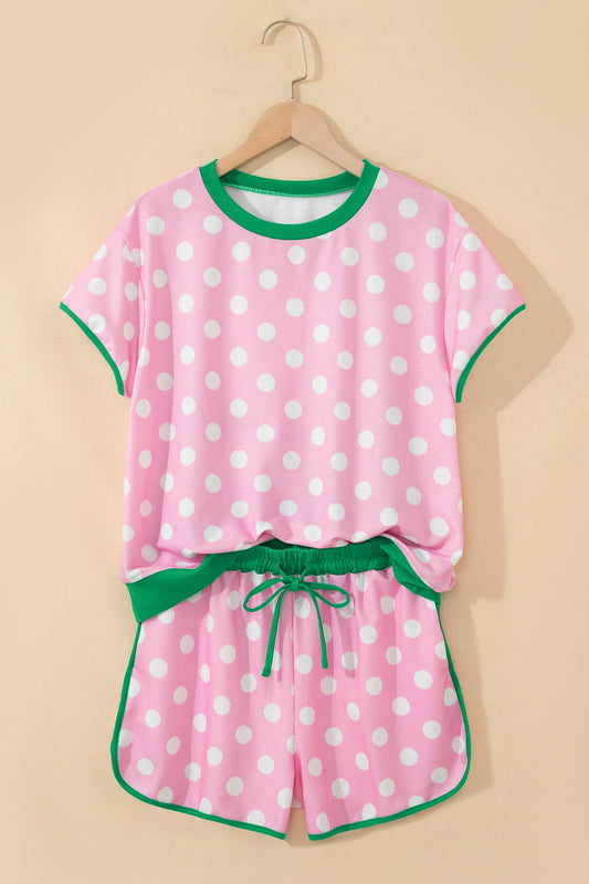 Pink Polka Dot Contrast Edge Casual Short Set - Pink 95%Polyester+5%Elastane - Two Piece Sets/Short Sets