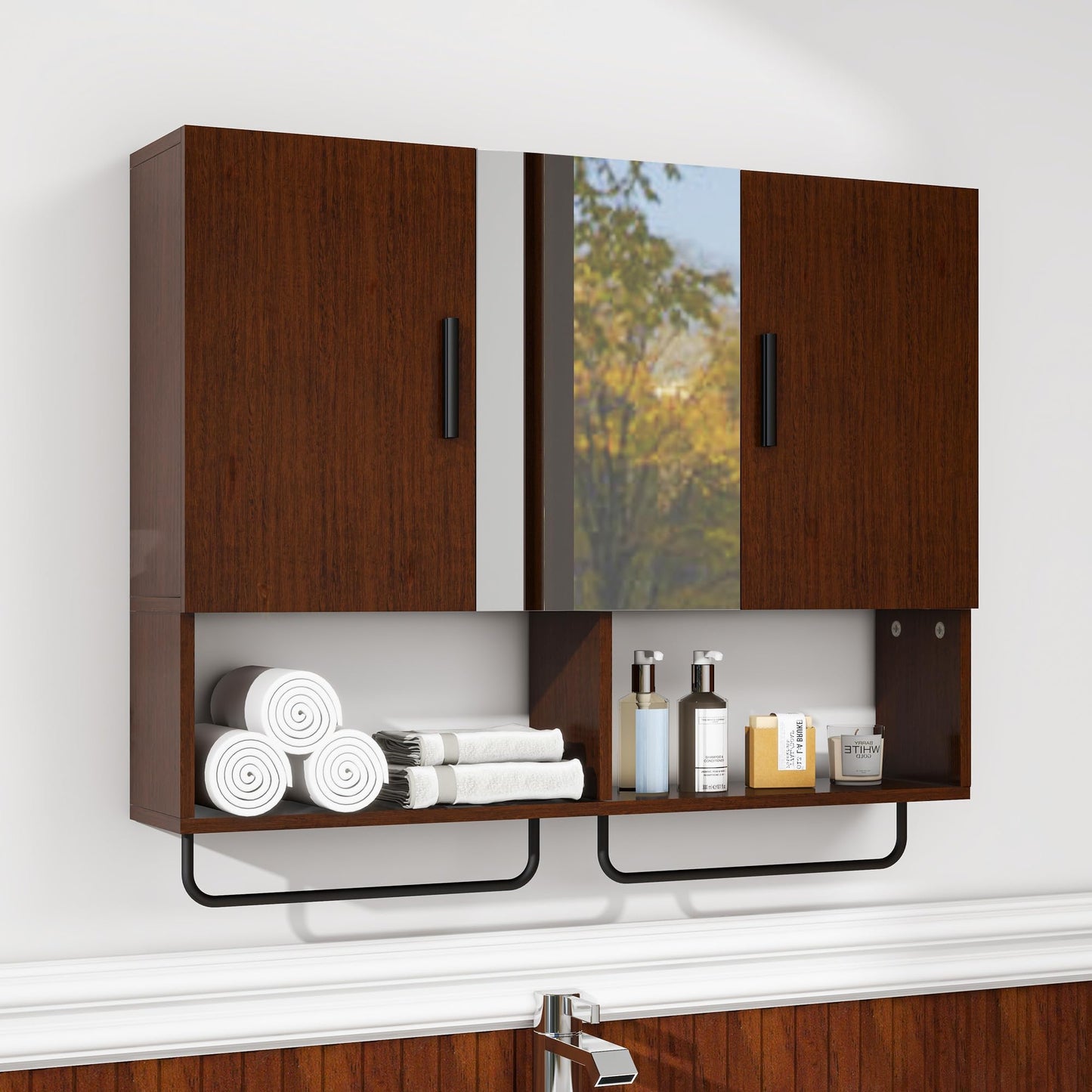 Edospaen Rustic Wall-Mount Bathroom Cabinet with Mirror - - wall cabinet