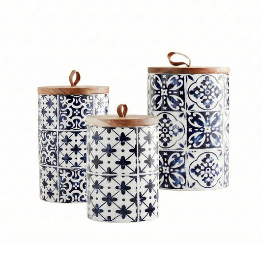 Blue Medallion Set of 3 Canisters - - canisters