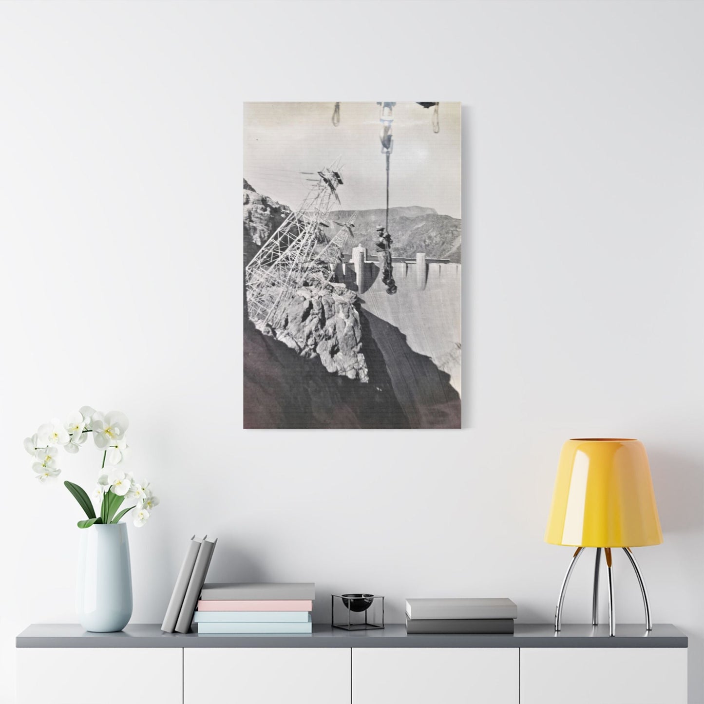 Suspended Boulder Dam Worker Satin Canvas Stretched 24″ x 36″ (Vertical) 1.5"