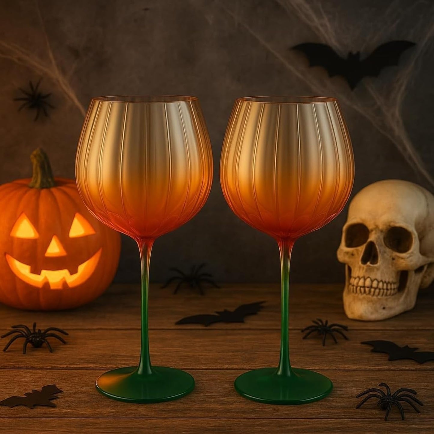 Khen Pumpkin Wine Glasses Fall Inspired Lightweight - Set of 2 Orange & Green - -