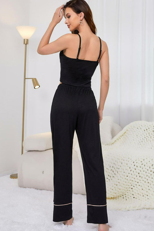 Contrast Trim Cropped Cami and Pants Loungewear Set - - pajamas