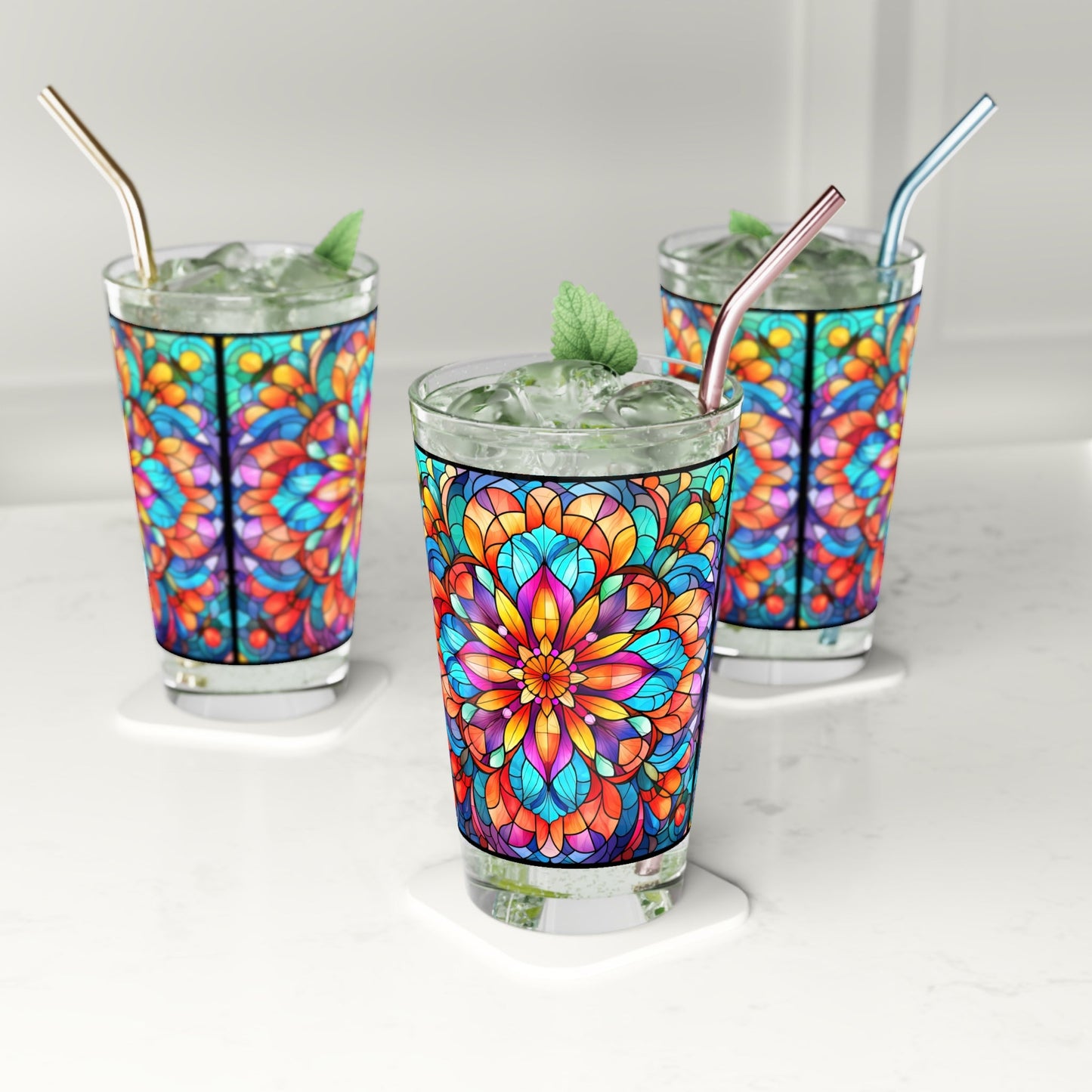 Blooming Beauty: A Rainbow-Colored Flower Stained Glass Masterpiece 16oz Pint Glass Gift idea gifts for home decor housewarming gift - - Mug