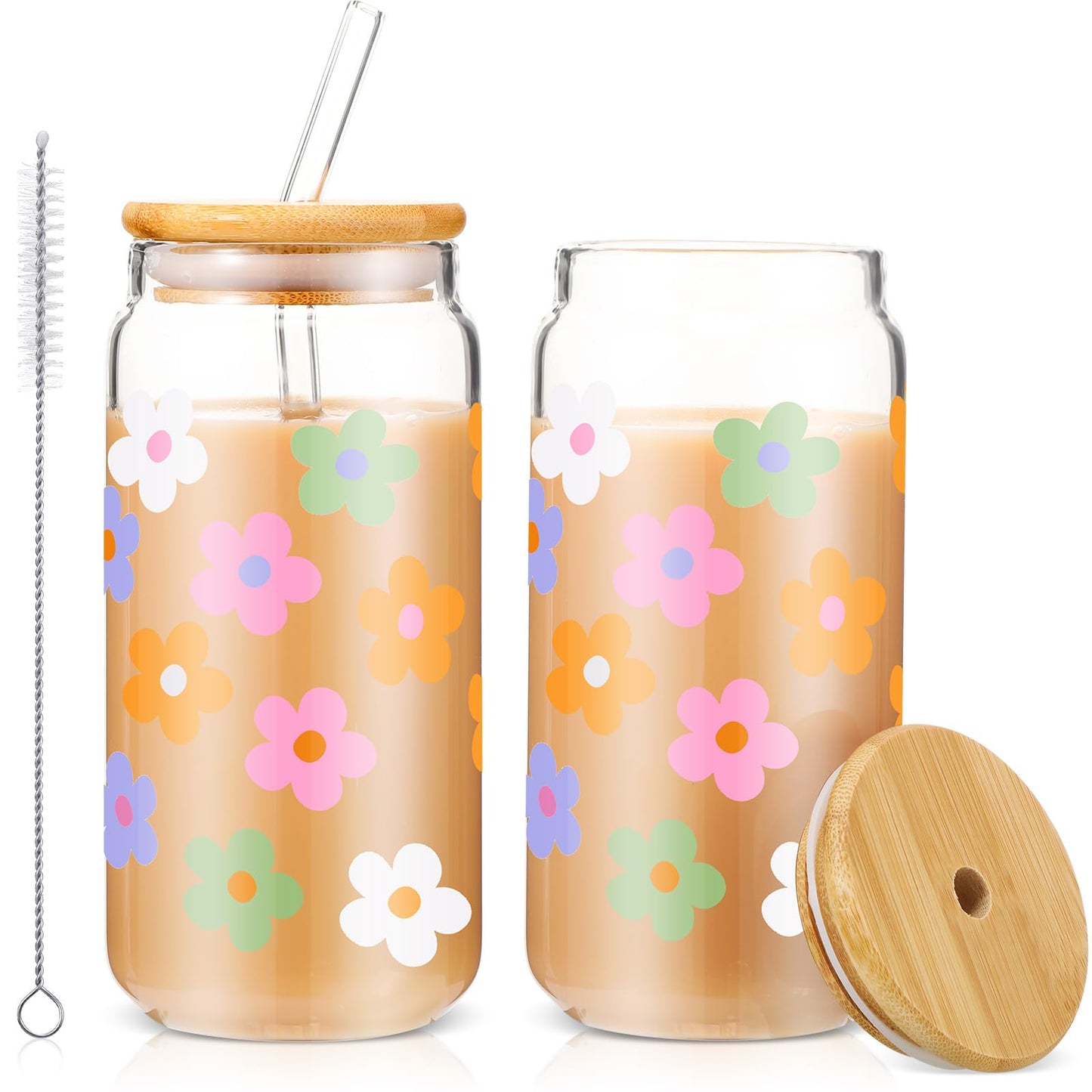 Cunhill 2 Sets 16 oz Glass Cups with Lids and Straws - - drinkware