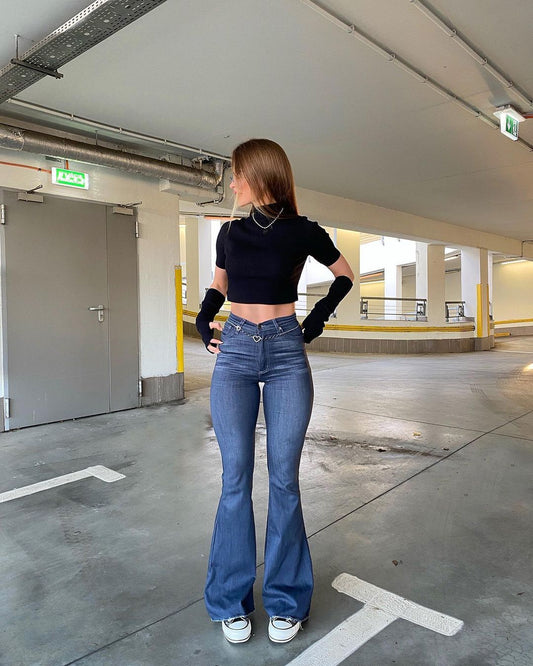 Retro Hip Flared Pants for Women - Blue L - jeans