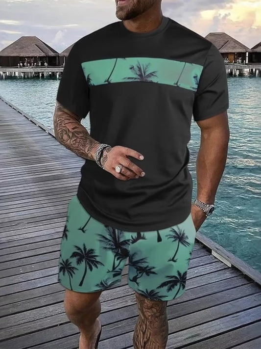 Men's Full Size Tropical Palm Tree Tee and Shorts Set Plus Size - Dark Green -