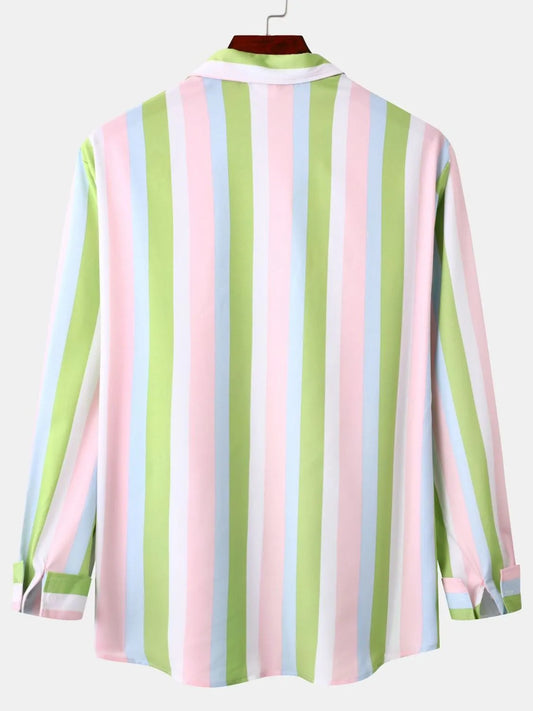 Men's Striped Long Sleeve Button-Up Shirt - -