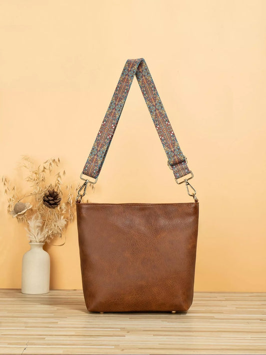 PU Leather Crossbody Bag with Patterned Strap - Tan ONESIZE -