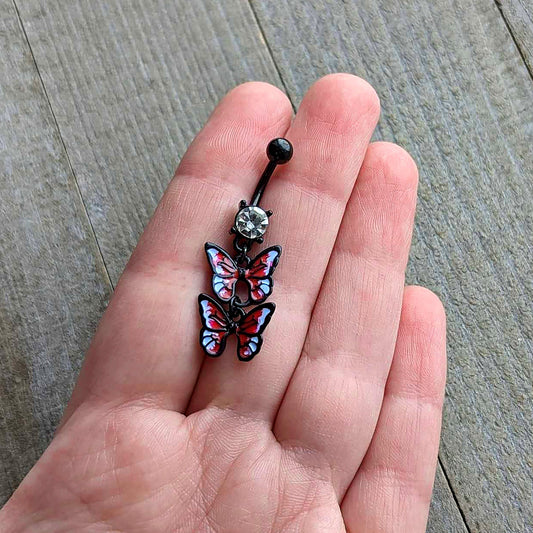 Clear CZ Gem Black Butterfly Duo Red Dangle Belly Ring - - BELLY RING Dangle