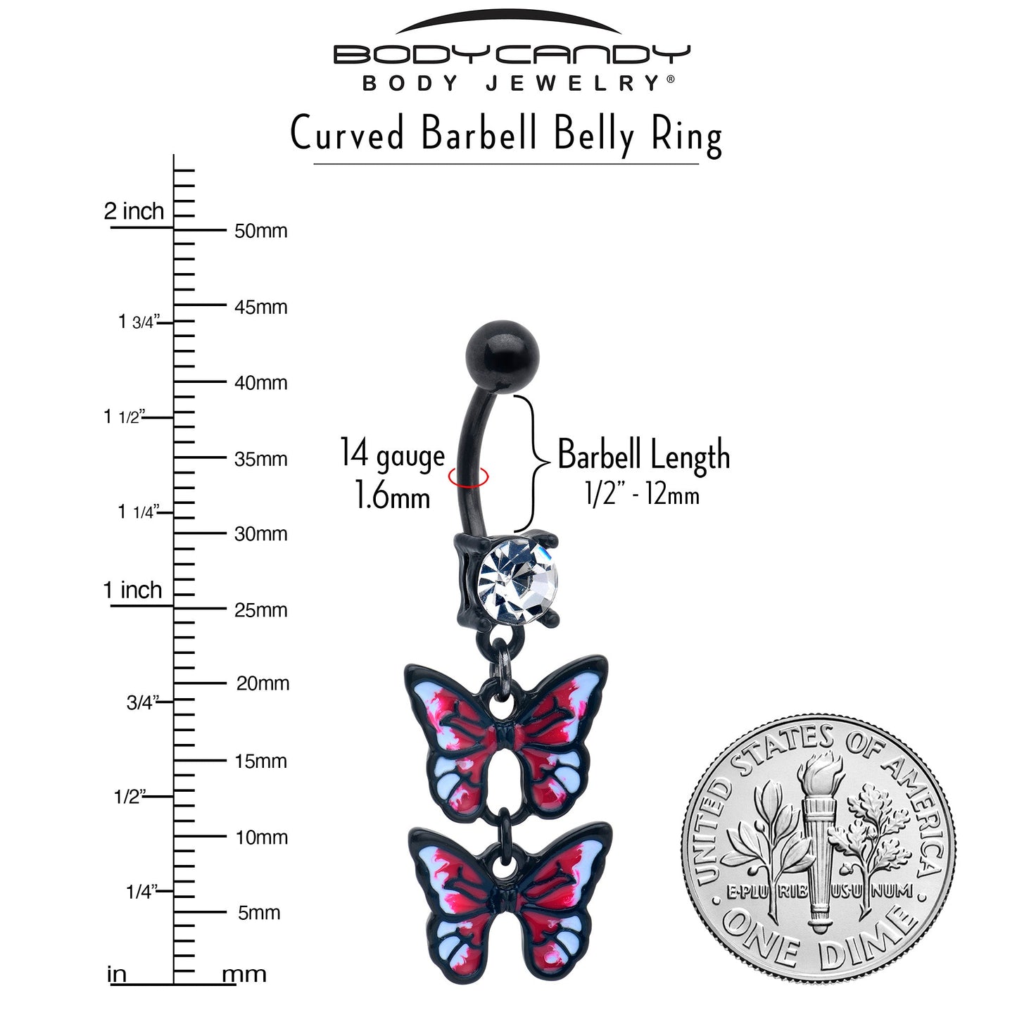 Clear CZ Gem Black Butterfly Duo Red Dangle Belly Ring - - BELLY RING Dangle