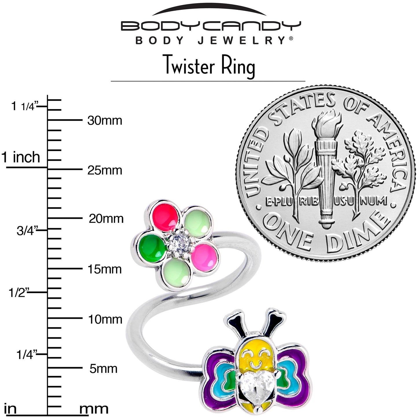 14G 3/8 Clear CZ Gem Butterfly Love Bug Spiral Twister Belly Ring - - BELLY RING Spiral