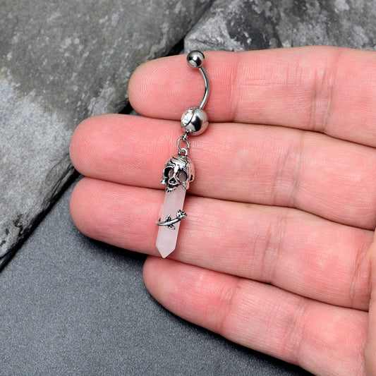 Pink Rose Quartz Skull Obelisk Rose Dangle Belly Ring - - BELLY RING Dangle