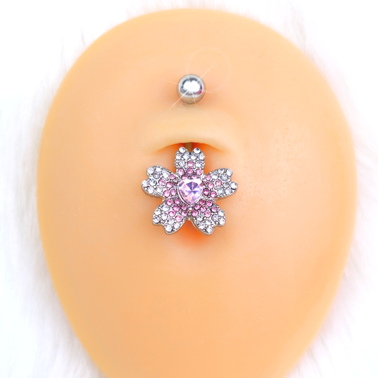 Clear Pink Gem Heart in Flower Belly Ring - - BELLY RING