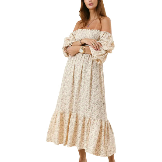 EFOGEP Floral Baby Shower Off Shoulder Puff Sleeve Smocked Dress - - dress