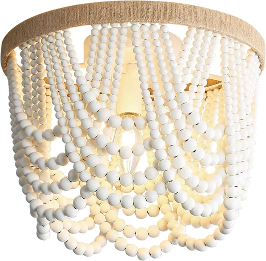 Three Light White Wood Bead Bohemian Chandelier Handmade - White - Ceiling Light
