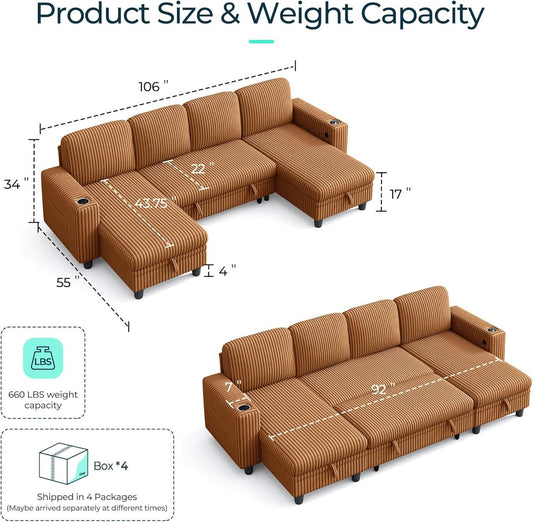 Brown UShaped Convertible Sectional Sofa Bed USB Port - - Sleeper