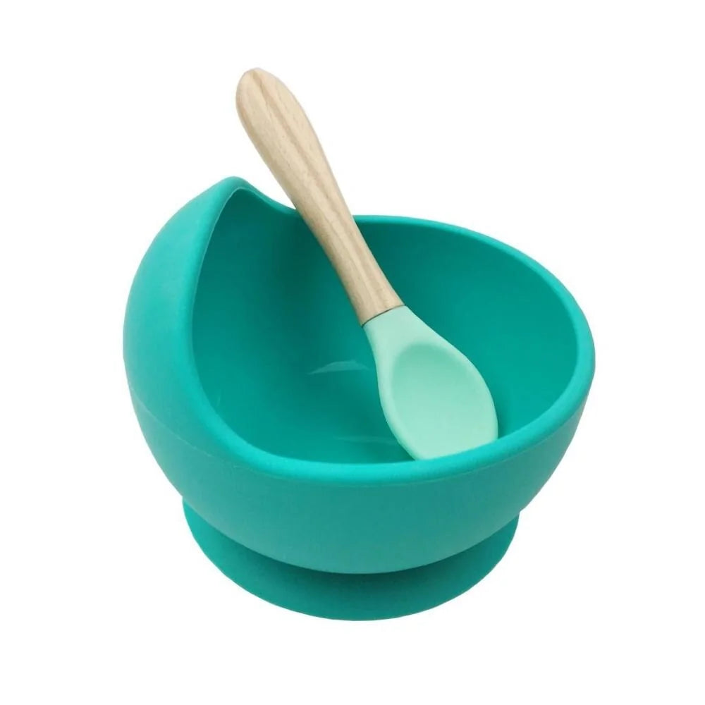 Baby Silicone Feeding Set with Wooden Handle Spoon Turquoise