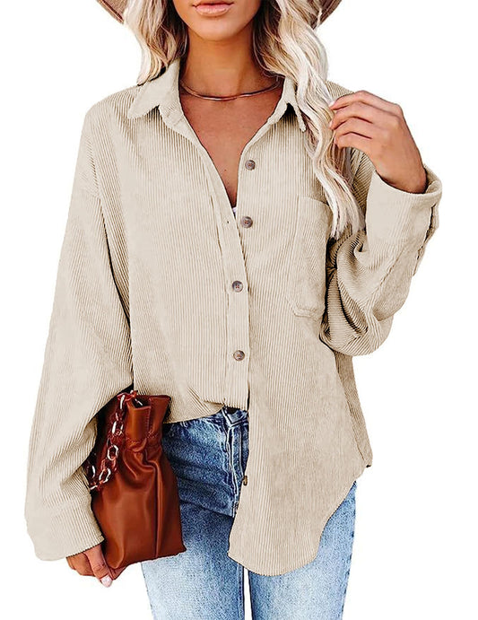 Womens Casual Corduroy Oversized Long Sleeve Button Down Blouse - - Women's Fashion - Women's Clothing - Blouses & Shirts