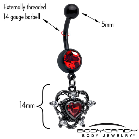Red CZ Gem Black Double Heart Dangle Belly Ring - - BELLY RING Dangle