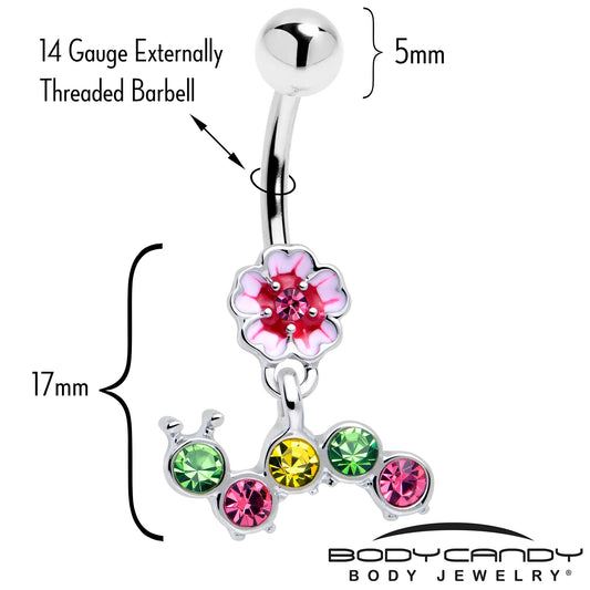 Pink Green Gem Caterpillar Flower Dangle Belly Ring - - BELLY RING Dangle