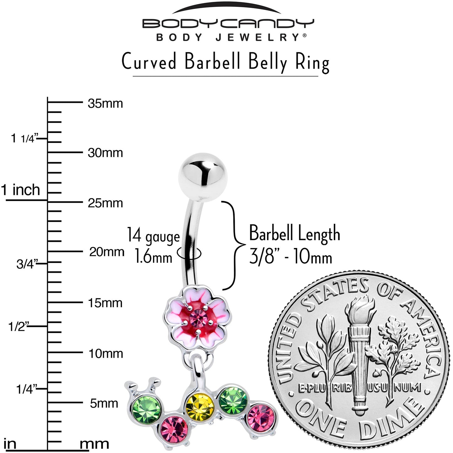 Pink Green Gem Caterpillar Flower Dangle Belly Ring - - BELLY RING Dangle