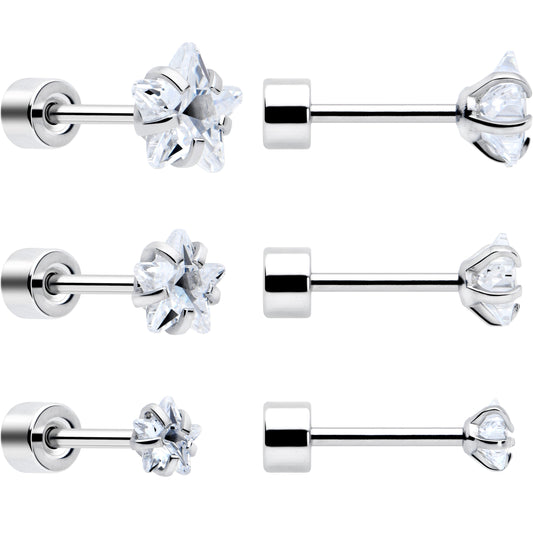 Clear Star CZ Flat Back Stud Earrings - 3 Pairs - - EARRING Flat Back