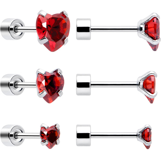 Red Heart CZ Flat Back Stud Earrings - 3 Pairs - - EARRING Flat Back