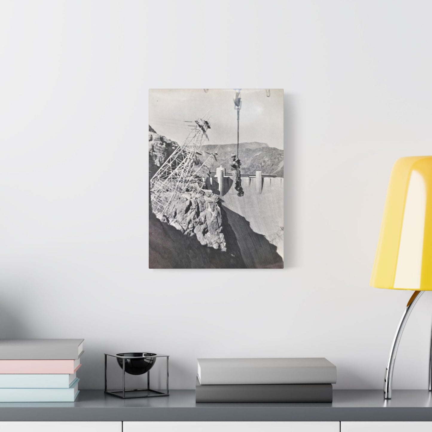 Suspended Boulder Dam Worker Satin Canvas Stretched 12″ x 16″ (Vertical) 1.5"