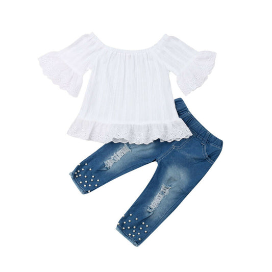 Girls Ruffle Sleeve Off-Shoulder Top and Denim Pants Set - - outfit