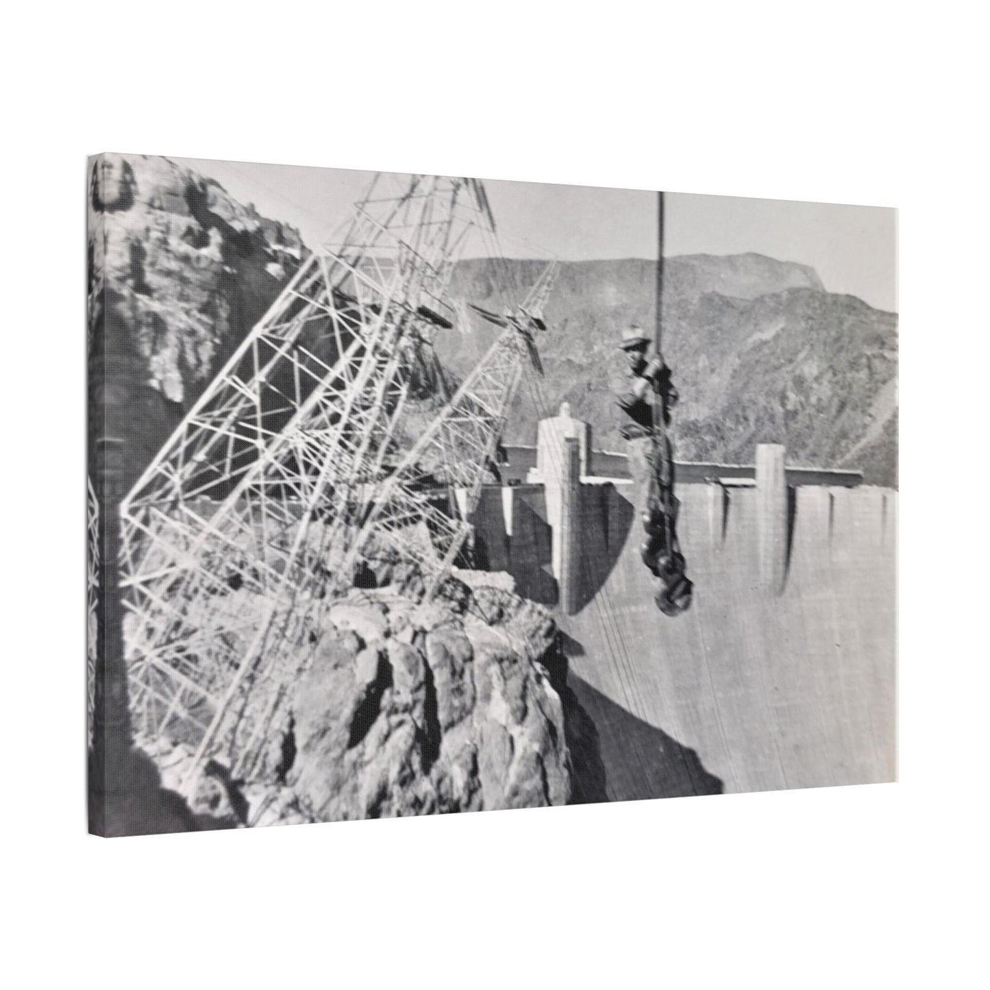 Suspended Boulder Dam Worker Satin Canvas Stretched