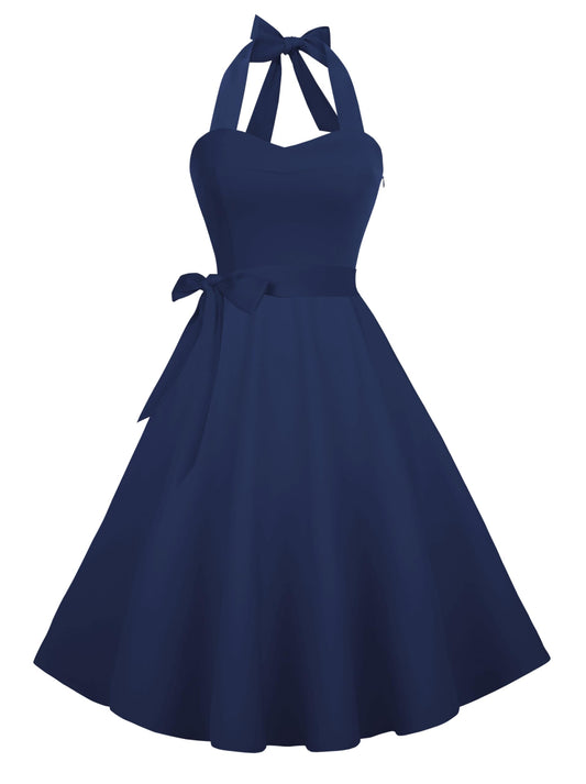 Halter Neck Vintage Summer Dress Navy - - dress