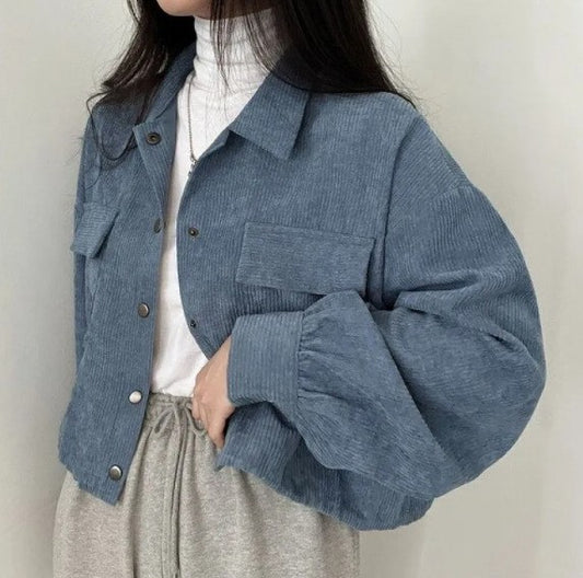 Vintage Corduroy Cropped Jacket - Blue (Large) L - jacket