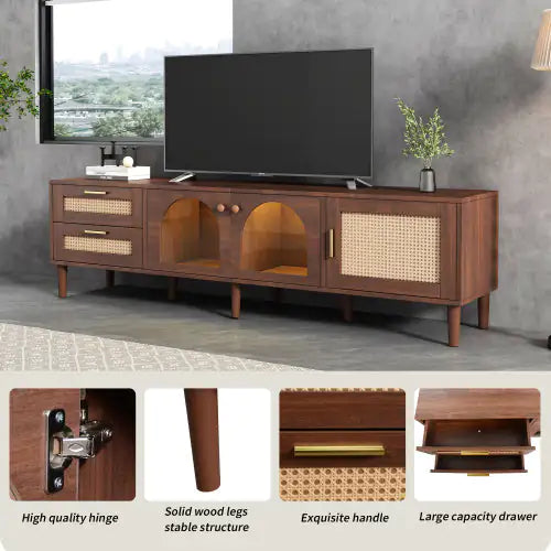 Rattan-inspired Media Console Table with 3 Cabinets and 2 Drawers Up To 80'' LED Light - Kia Day Design
