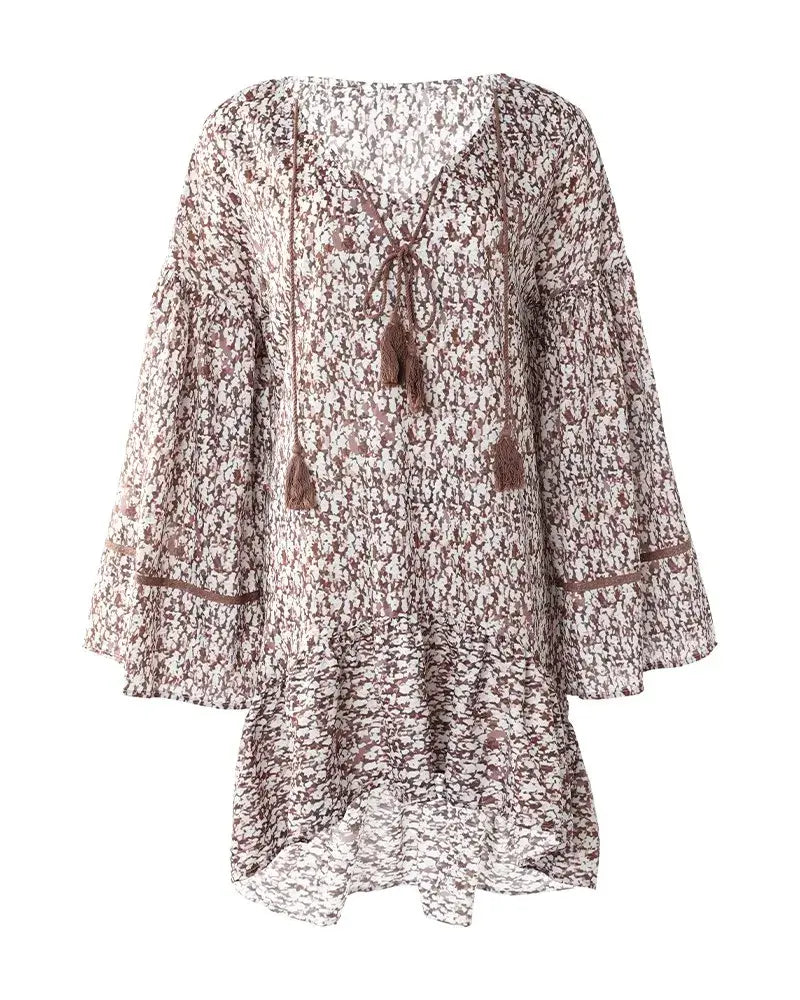 Spring V Neck Floral Sleeve Long Dress - Kia Day Design