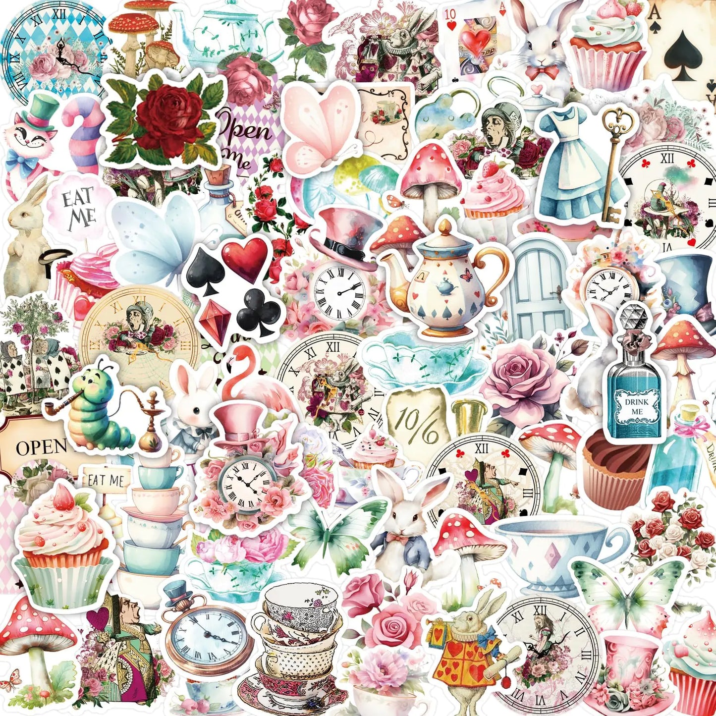 100Pcs Alice Stickers Vinyl Waterproof Alice and Wonderland Tea Party Decorations Stickers for Kids Halloween Trick or Treat Toys Laptop Water Bottles Kia Day Design