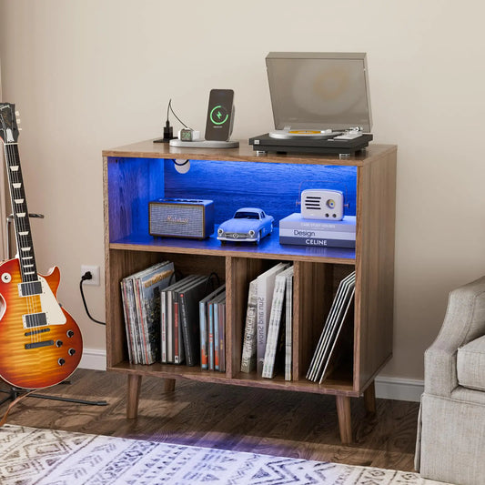 Walnut Record Player Stand with Open Vinyl Storage up to 300 Albums - Kia Day Design
