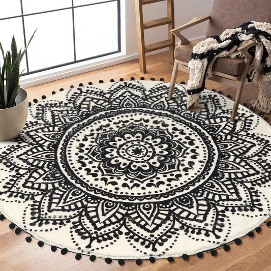 Washable Beige and Black Mandala Round Circular Area Rug with Pom Pom Fringe - Kia Day Design
