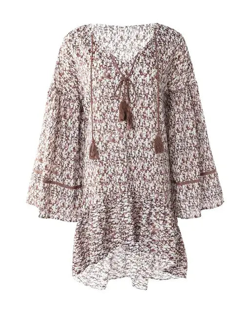 Spring V Neck Floral Sleeve Long Dress - Kia Day Design